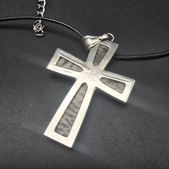 Pink Zebra Jasper Cross Pendant Necklace on Black Cord - Picture 9 of 10